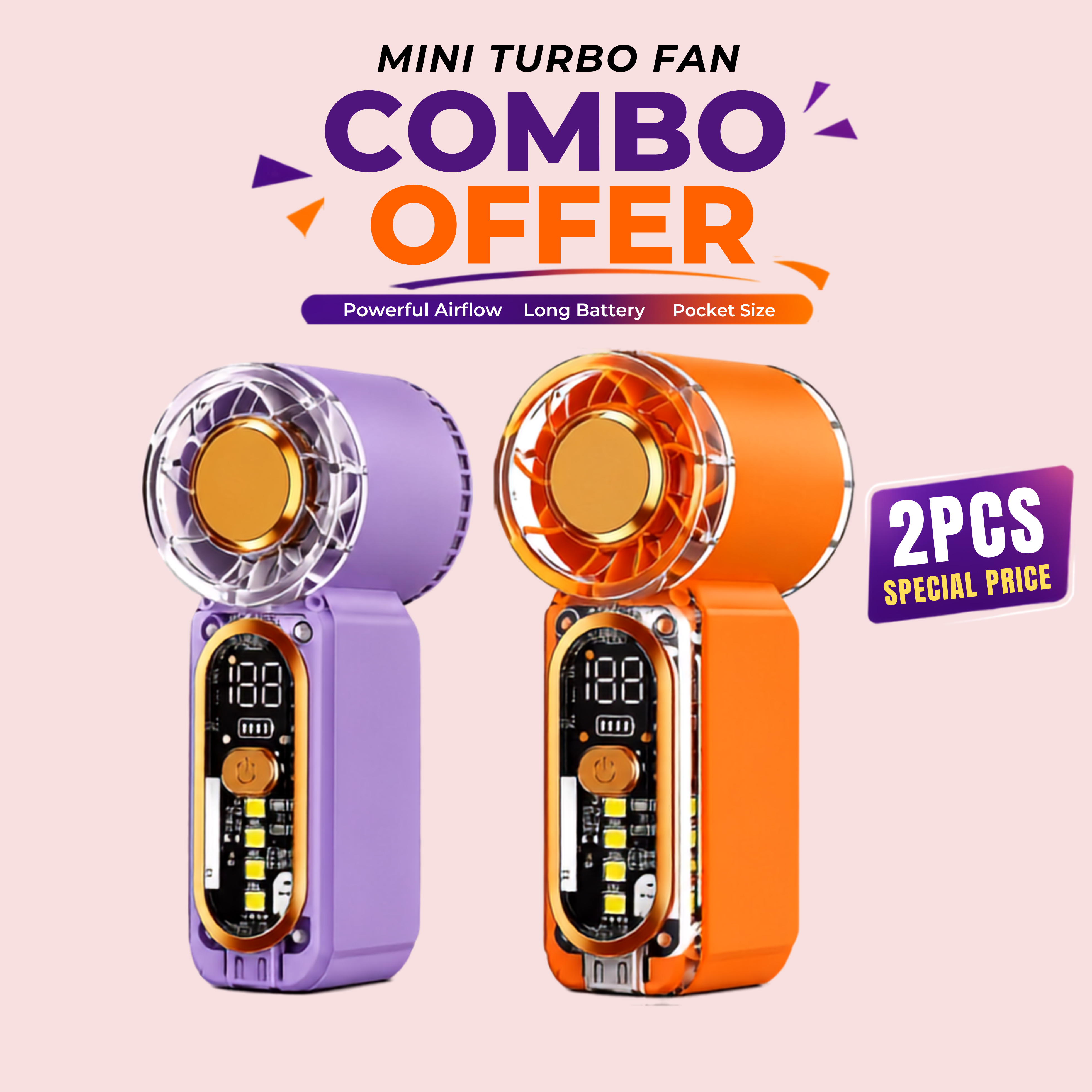 2 pc Mini Turbo Fan Combo | 2PCS Portable Rechargeable Handheld Fan with Digital Display