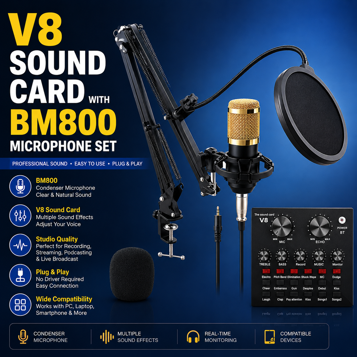 V8 LIVE SOUND CARD AND BM-800 CONDENSER MICROPHONE BUNDLE PACK (GOLD/BLACK)