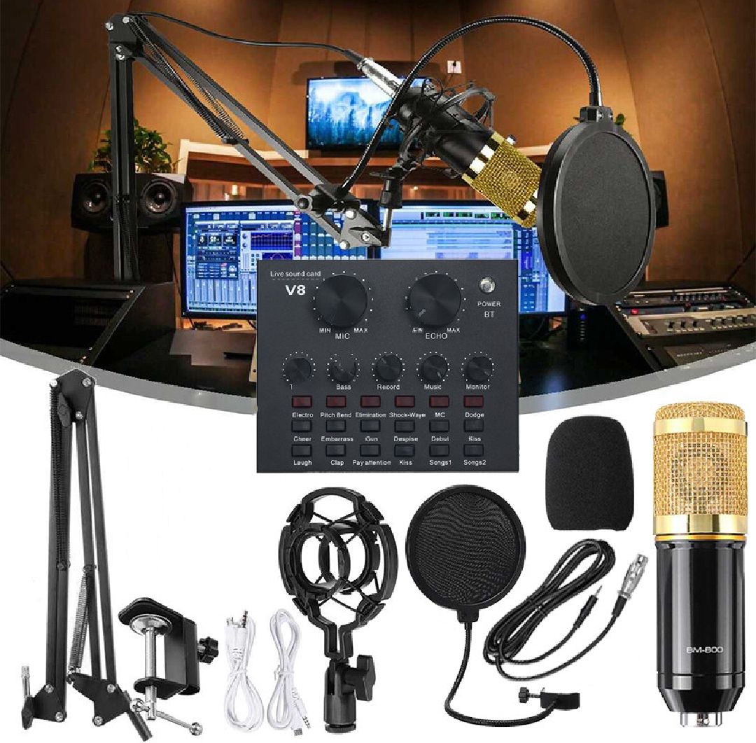 V8 LIVE SOUND CARD AND BM-800 CONDENSER MICROPHONE BUNDLE PACK (GOLD/BLACK)