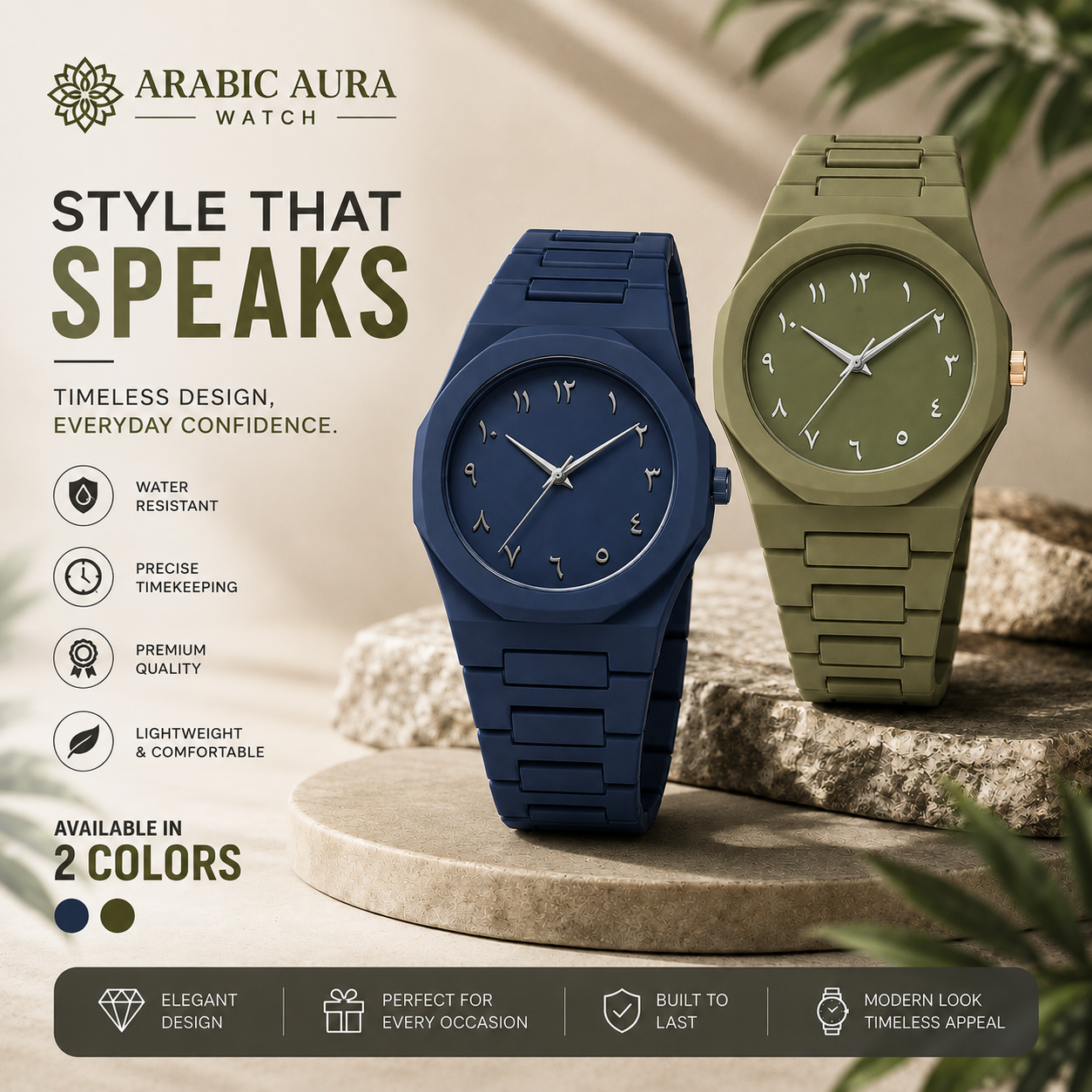 Combo Offer | Arabic Aura Premium Arabic Numeral Couple Watch Set – Green & Blue | Unisex Quartz Wrist Watches