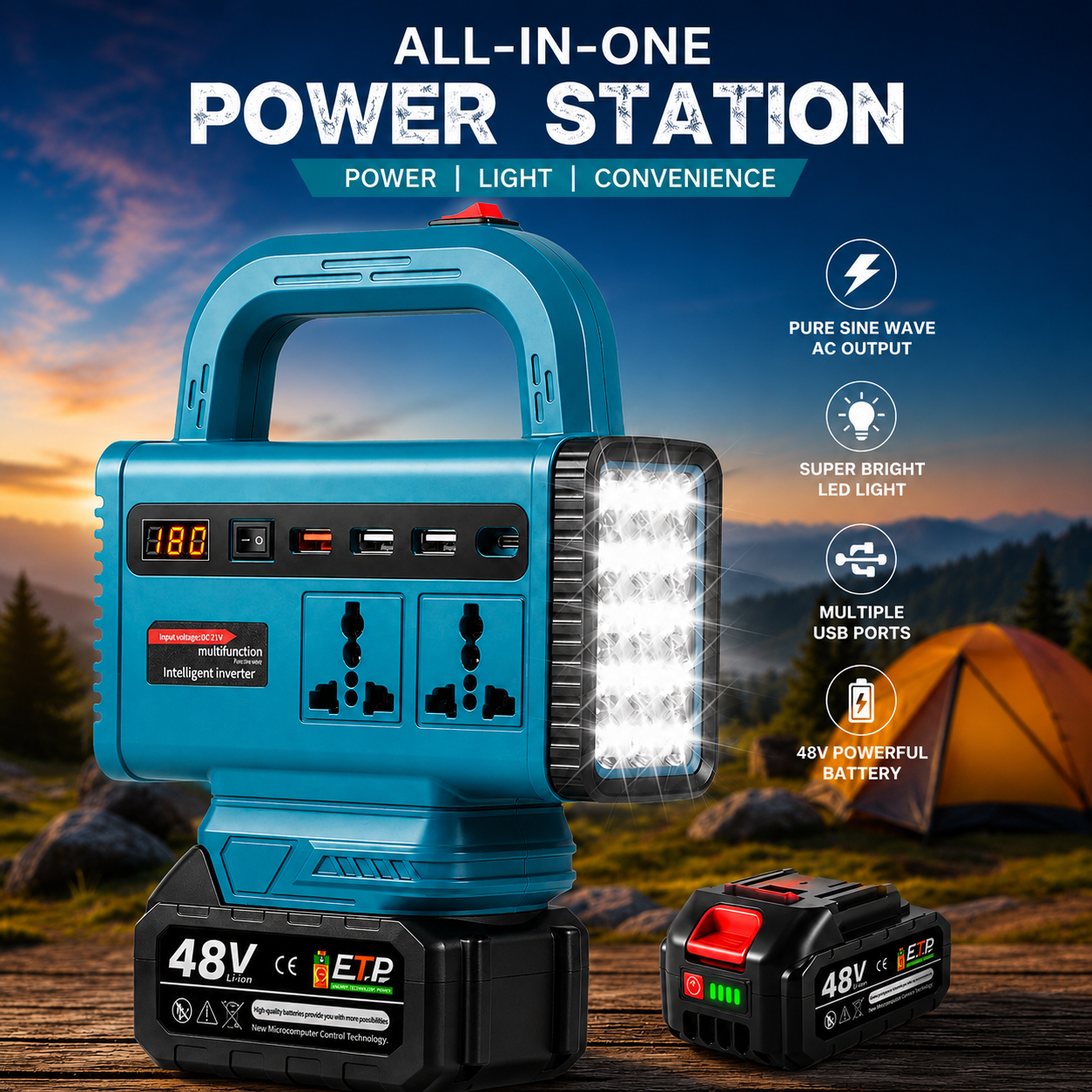48V Portable Power Station with LED Work Light | Rechargeable Battery Inverter | USB Charging & AC Output