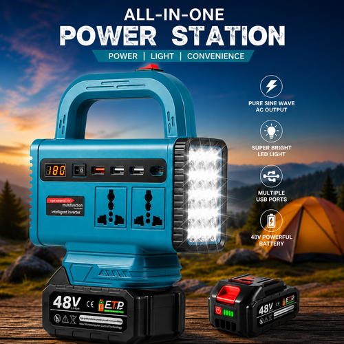 48V Portable Power Station with LED Work Light | Rechargeable Battery Inverter | USB Charging & AC Output