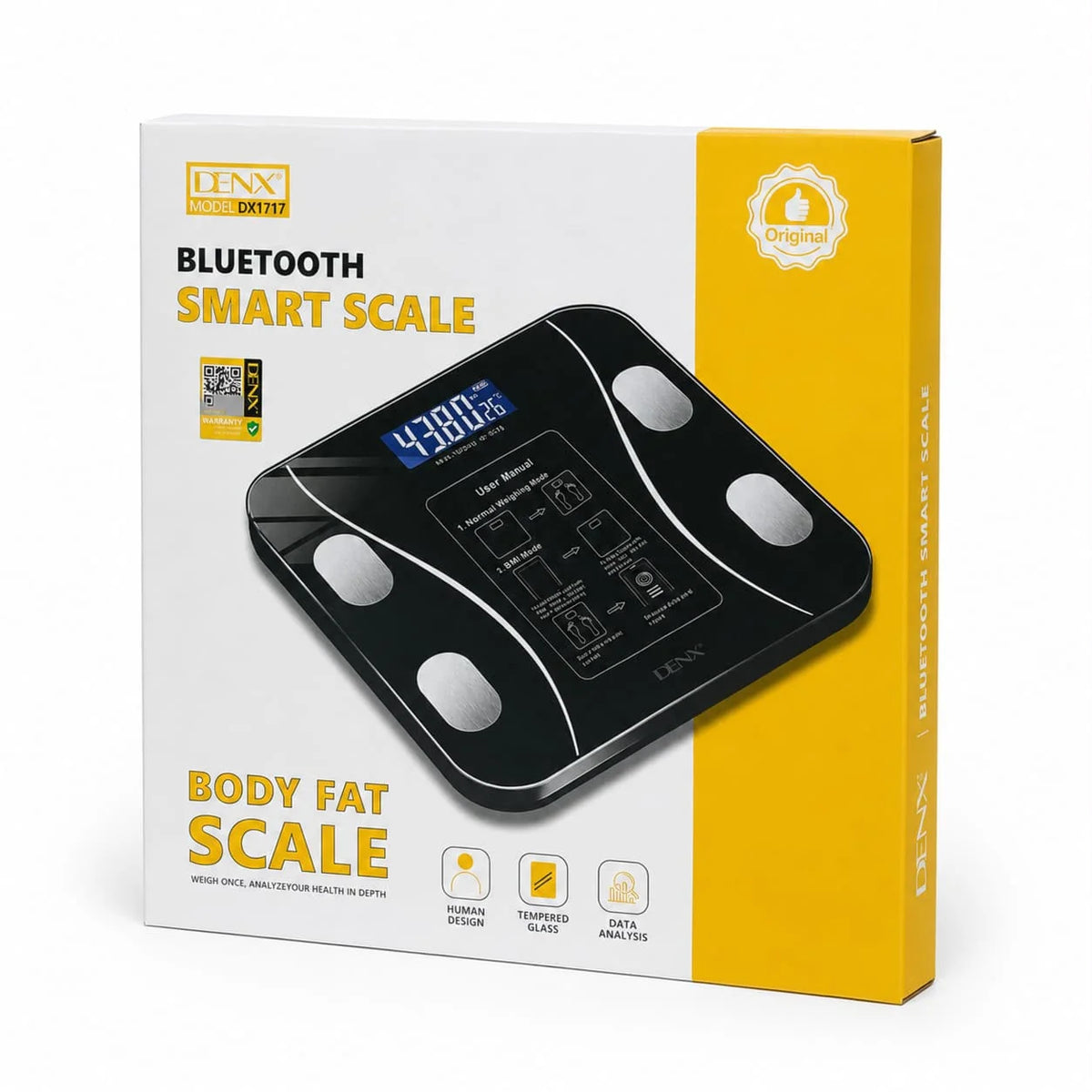 DENX Smart Digital Weighing Scale with App, Bluetooth Body Weight Scale with BMI Tracking, USB Rechargeable, Tempered Glass, High Precision Bathroom Scale for Home Fitness DX1717