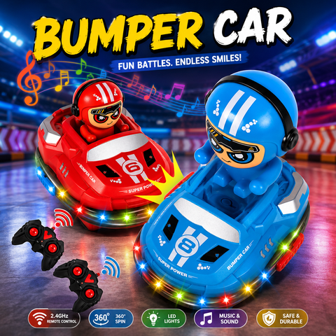 Remote Control Bumper Cars for Kids Toy – Hit & Bounce RC Battle Cars with Pop-Up Drivers, LED Lights & Music (2 Players)