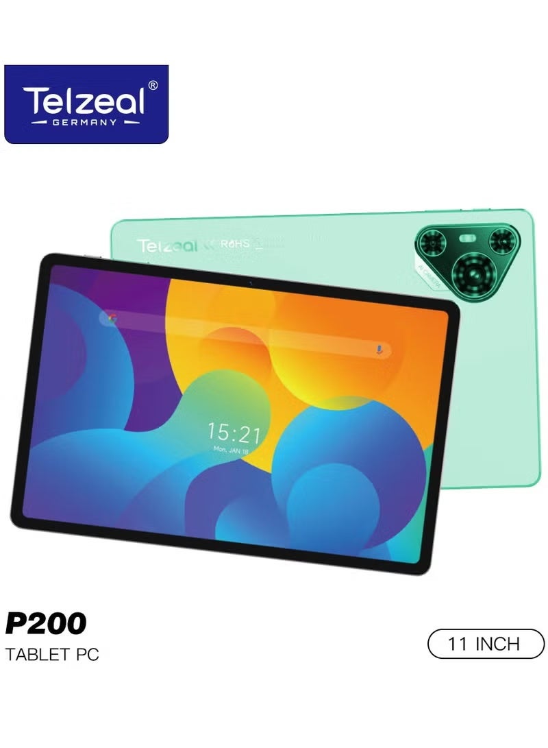 Telzeal P200 Tablet Green | 11-Inch In-Cell Display | 12GB RAM + 128GB ROM | 10,000mAh | Dual SIM | Android 13 | Leather Case, Wireless Keyboard & Mouse