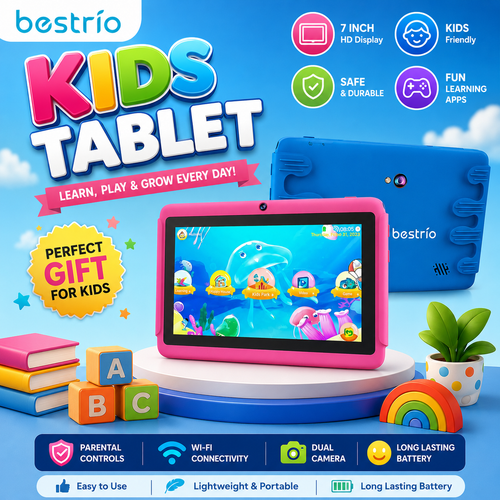 Bestrio Tab S1 Kids, 4GB RAM, 128GB ROM, 7-Inch IPS Display, 3000 mAh Battery, Toughened Glass, Android Kids 5G Wi-Fi Tablet