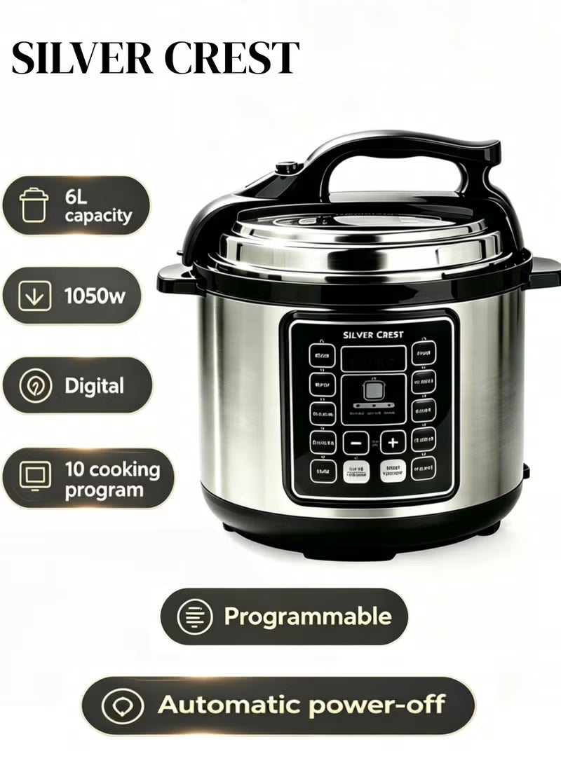 Silver Crest 6L Electric Pressure Cooker – 1050W Multifunctional Digital Programmable Cooker, Digital Controls, 10 Cooking Programs, Programmable Rice Cooker, Fast Cooking & Keep Warm Function
