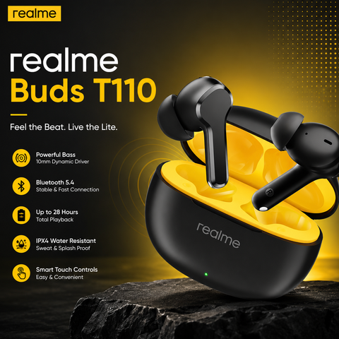 Realme Buds T110 True Wireless Bluetooth Earbuds – Deep Bass, AI ENC Calls, Bluetooth 5.4 & Long Battery Life (Black)