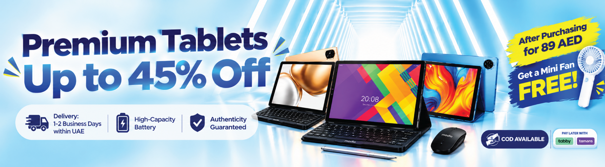 Premium tablets UAE, tablet deals Dubai, up to 45% off, Android tablets with keyboard and mouse, free mini fan offer, Tabby and Tamara, cash on delivery UAE.