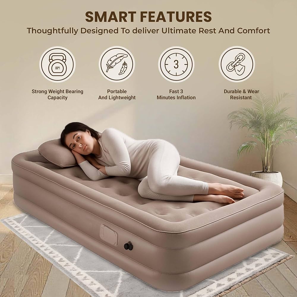 Inflatable Airbed – Single Size | Built-in Pillow | 198 × 100 × 40 cm | Comfortable Portable Air Mattress