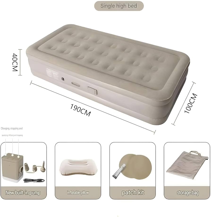 Inflatable Airbed – Single Size | Built-in Pillow | 198 × 100 × 40 cm | Comfortable Portable Air Mattress