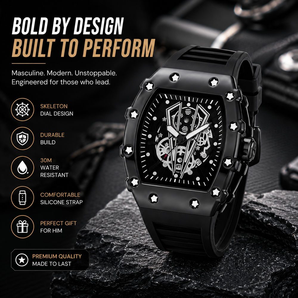 Luxury Skeleton Dial Men's Watch – Premium Silicone Strap, Quartz Analog Wristwatch, Sport Fashion Watch – Black
