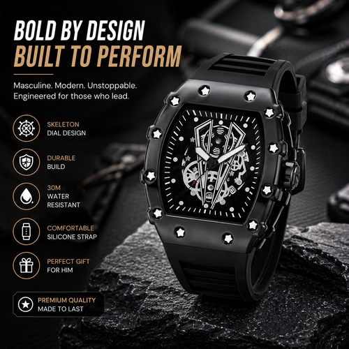 Luxury Skeleton Dial Men's Watch – Premium Silicone Strap, Quartz Analog Wristwatch, Sport Fashion Watch | Black