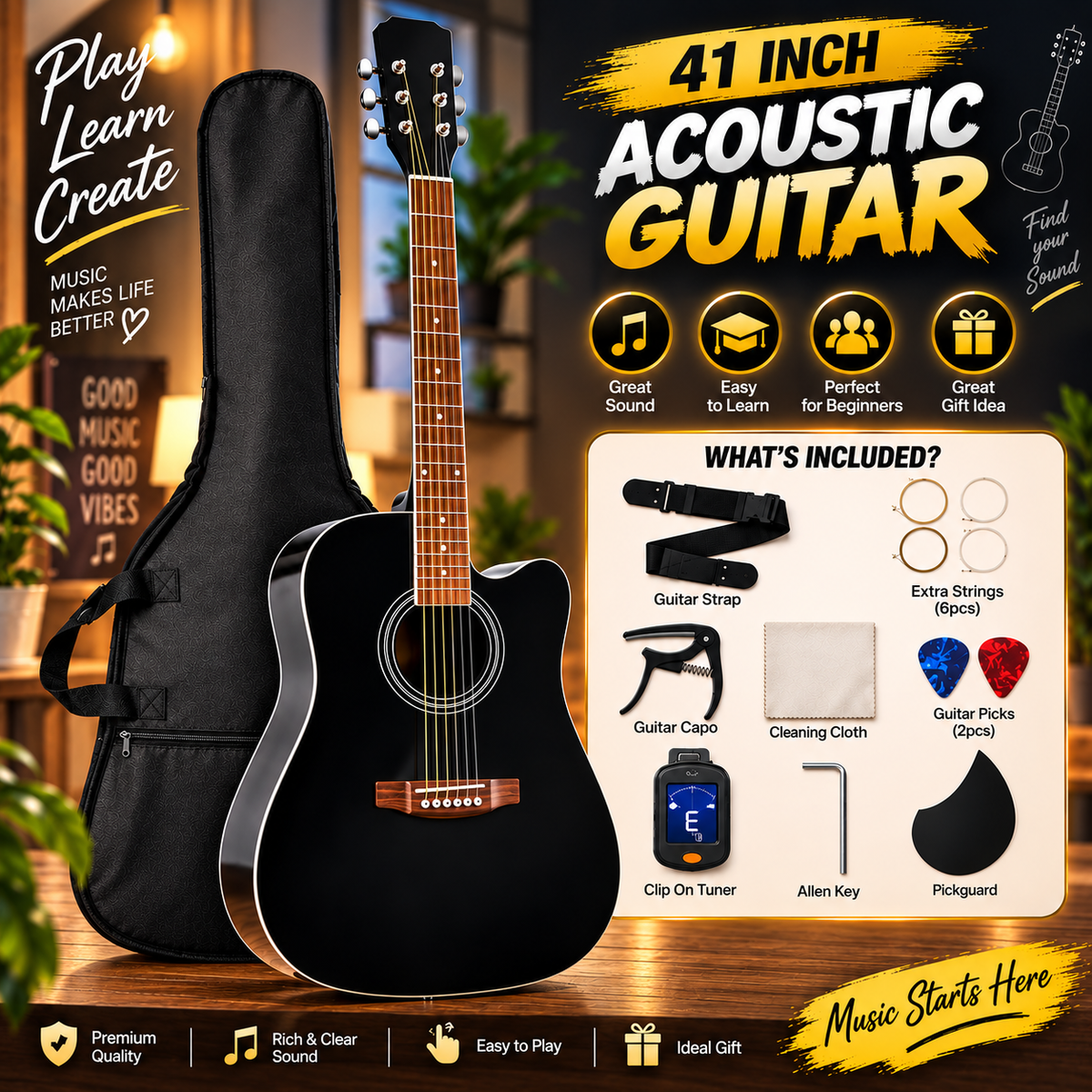 41 Inch Professional l Acoustic Guitar – Beginner Friendly