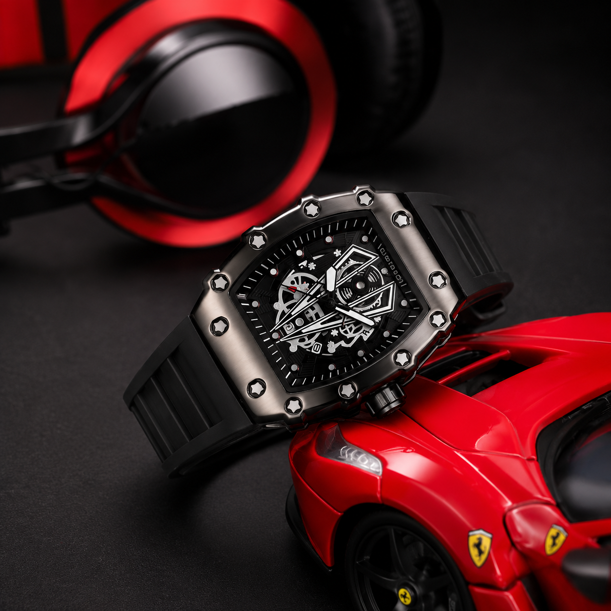 Luxury Skeleton Dial Men's Watch – Premium Silicone Strap, Quartz Analog Wristwatch, Sport Fashion Watch | Black