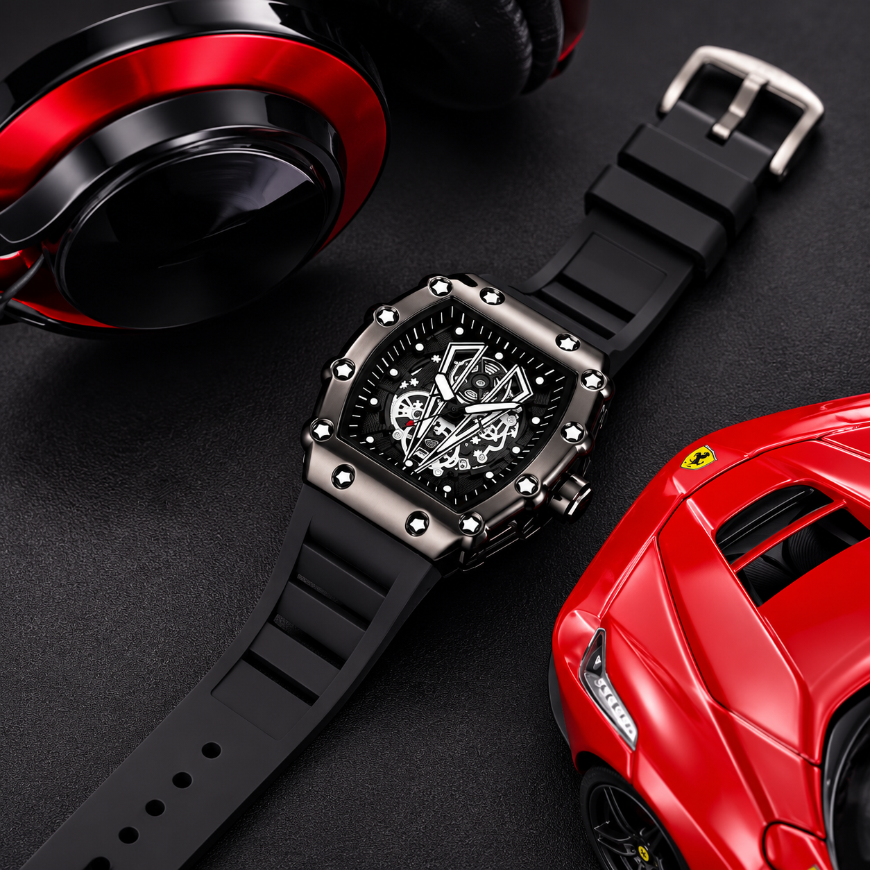 Luxury Skeleton Dial Men's Watch – Premium Silicone Strap, Quartz Analog Wristwatch, Sport Fashion Watch | Black