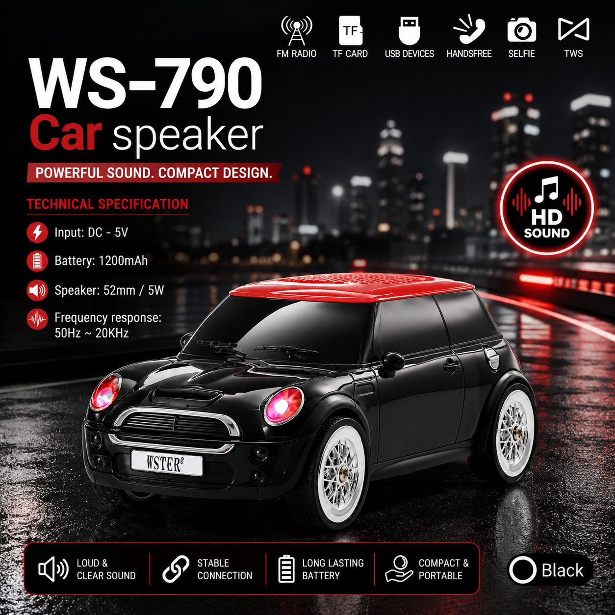 WSTER WS-790 Car Bluetooth Speaker | Portable Wireless Speaker | FM Radio | TF Card | USB | TWS Stereo | Hands-Free Calling