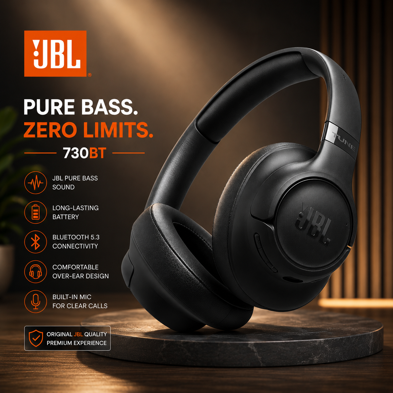 JBL Tune 730BT Wireless Over-Ear Bluetooth Headphones with Pure Bass Sound, 76H Battery Life, Dual Beamforming Mics, Multi-Point Bluetooth 6.0, Foldable & Comfortable