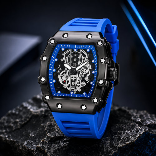 Luxury Skeleton Dial Men's Watch – Premium Silicone Strap, Quartz Analog Wristwatch, Sport Fashion Watch | Blue