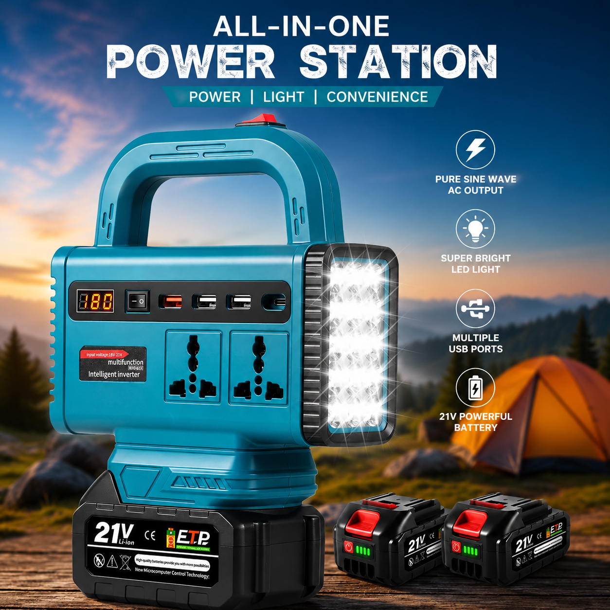 21V Portable Power Station with LED Work Light | Rechargeable Battery Inverter | USB Charging & AC Output