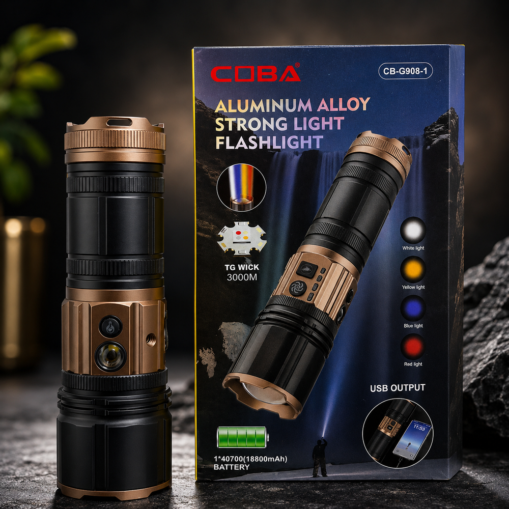 COBA CB-G908-1 Rechargeable LED Tactical Flashlight – 3000M High Power Torch with USB Output, 4 Light Modes & 18800mAh Battery