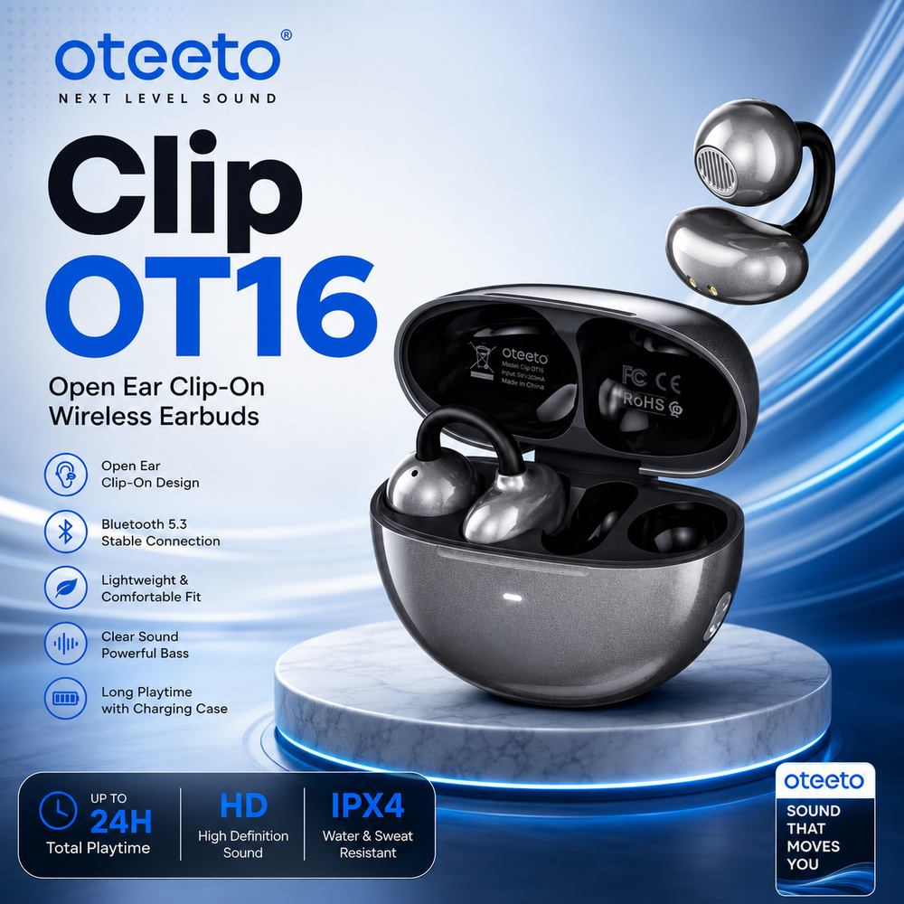 Oteeto OT16 Premium Clip Earbuds with C-Bridge Design, Gesture Control, Active Noise Cancellation, Dual Device Connection.