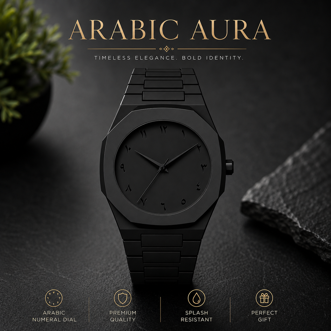 Arabic Aura | Premium Matte Black Arabic Dial Quartz Watch – Luxury Stainless Steel Wristwatch for Men