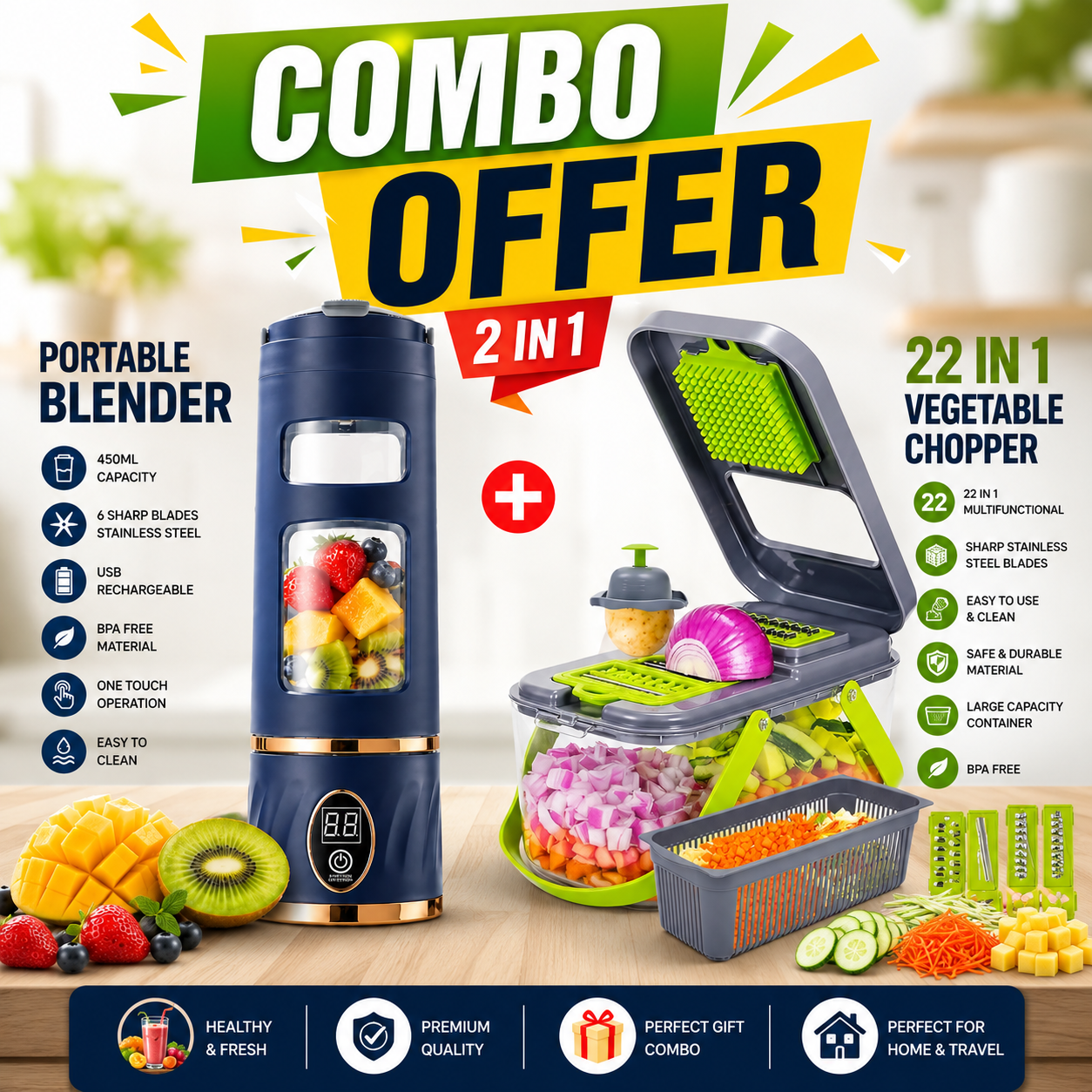 2-in-1 Kitchen Combo – Portable USB Rechargeable Blender (450ml) + 22-in-1 Multifunction Vegetable Chopper | BPA-Free