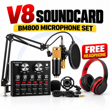 Combo Offer | V8 Sound Card+ BM800 Condenser Microphone -Set with Free P47 Headset Bundle Pack