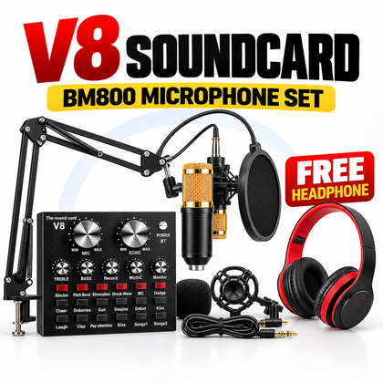 Combo Offer | V8 Sound Card+ BM800 Condenser Microphone -Set with Free P47 Headset Bundle Pack