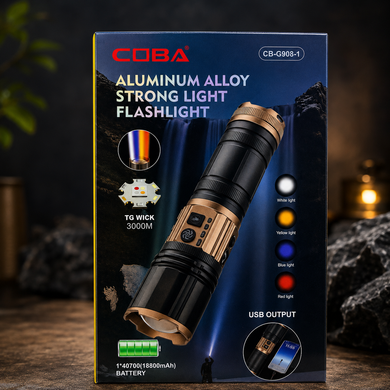 COBA CB-G908-1 Rechargeable LED Tactical Flashlight – 3000M High Power Torch with USB Output, 4 Light Modes & 18800mAh Battery