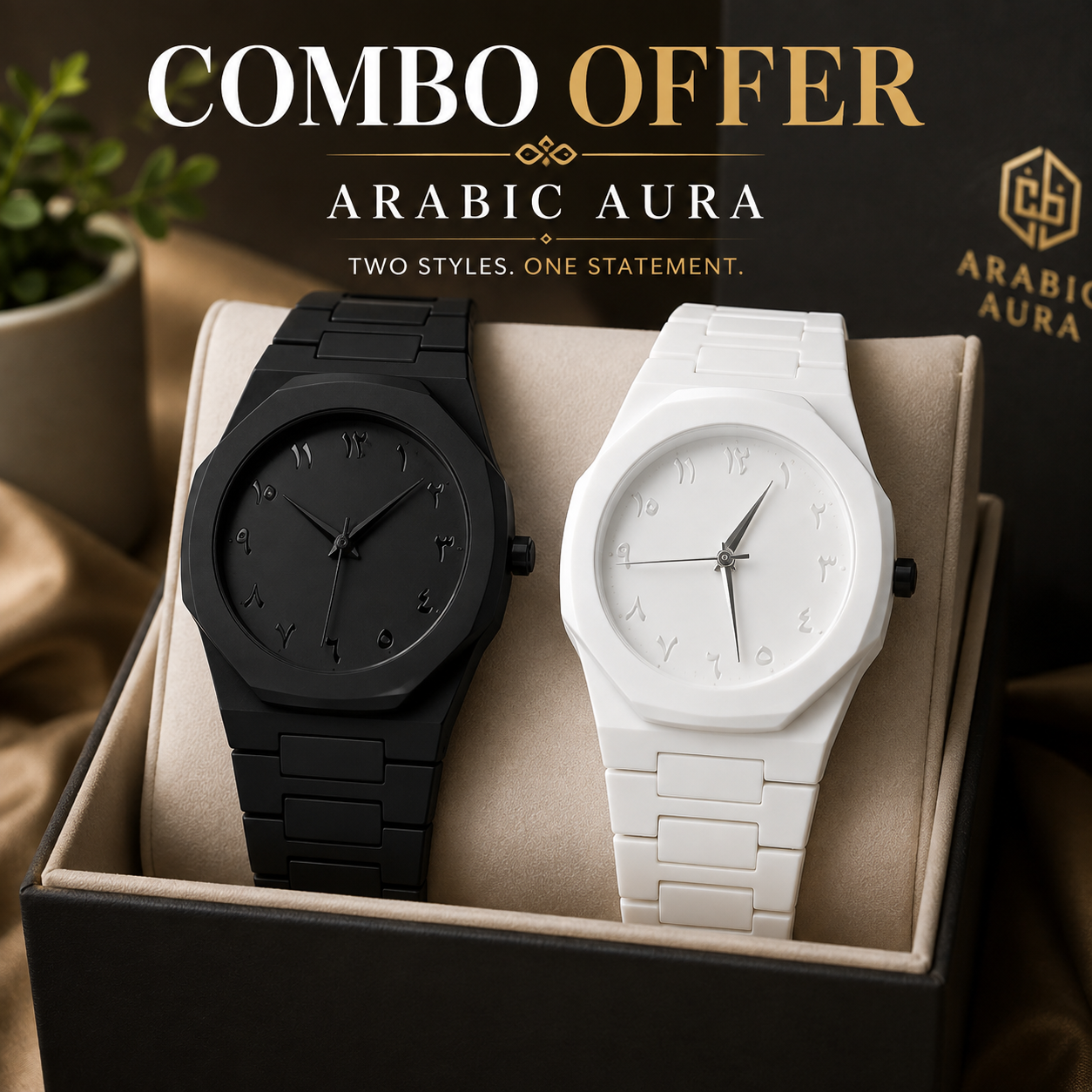 Combo Offer | Arabic Aura Premium Arabic Numeral Couple Watch Set – Black & White | Unisex Quartz Wrist Watches