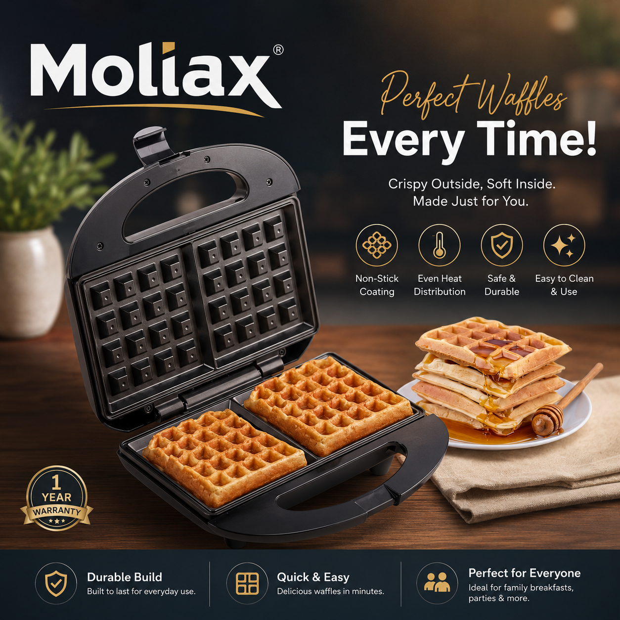 Moliax – Waffle Maker Machine for Home - 750W Mini Waffle Cone Maker with Non Stick Coating and Cool Touch Handle- 2 Belgian Waffles in Minutes 750W (22×14)cm