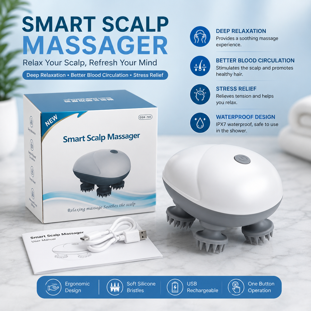 Electric Head Scalp Massager with 4 Detachable Massage Claws & 3 Speeds, Portable Handheld for Men Women Hair Growth & Stress Relax, Cat Dog Pet Head Massager, White