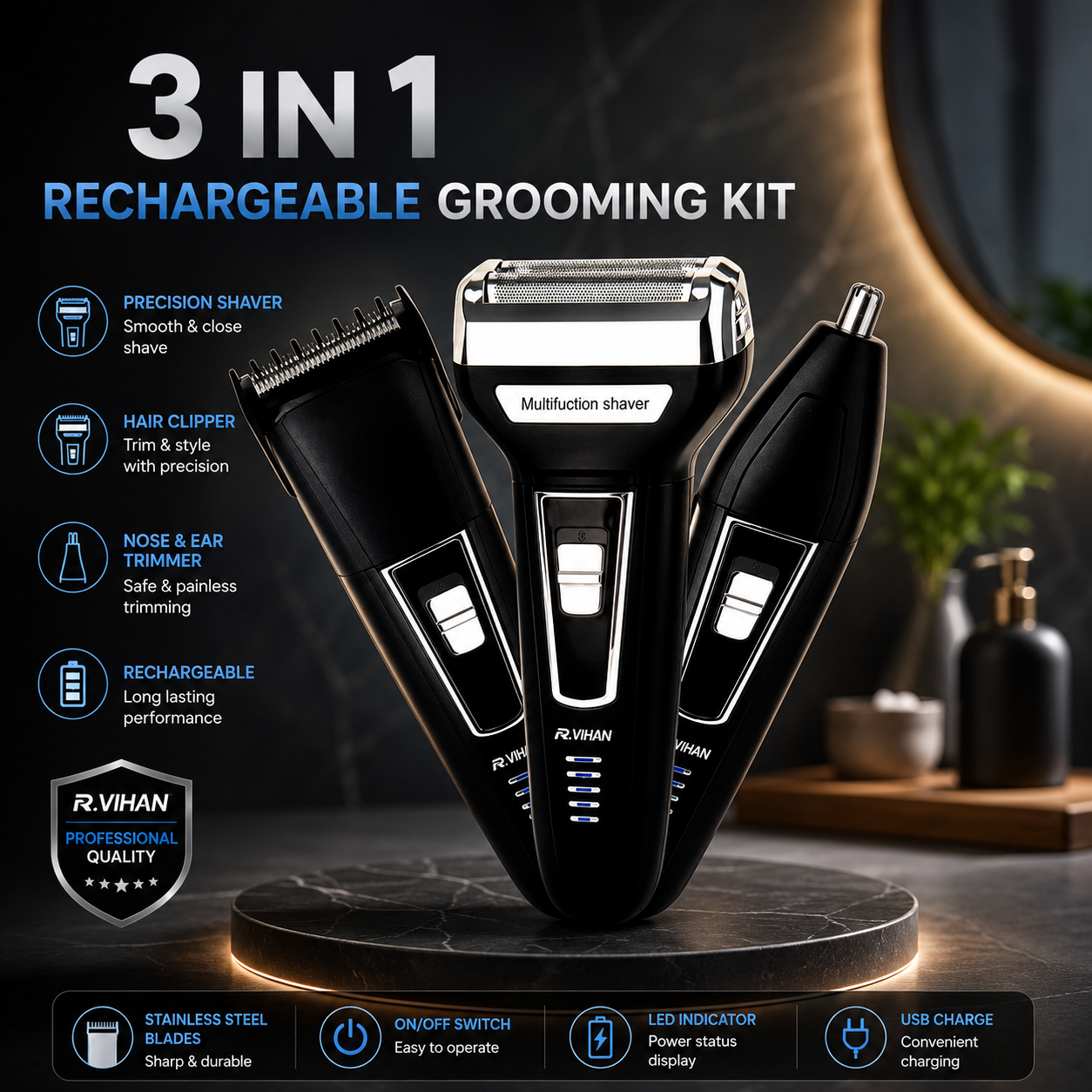 R VIHAN RV-6188 3-in-1 Rechargeable Electric Grooming Kit – Hair Clipper, Foil Shaver & Nose Trimmer for Men