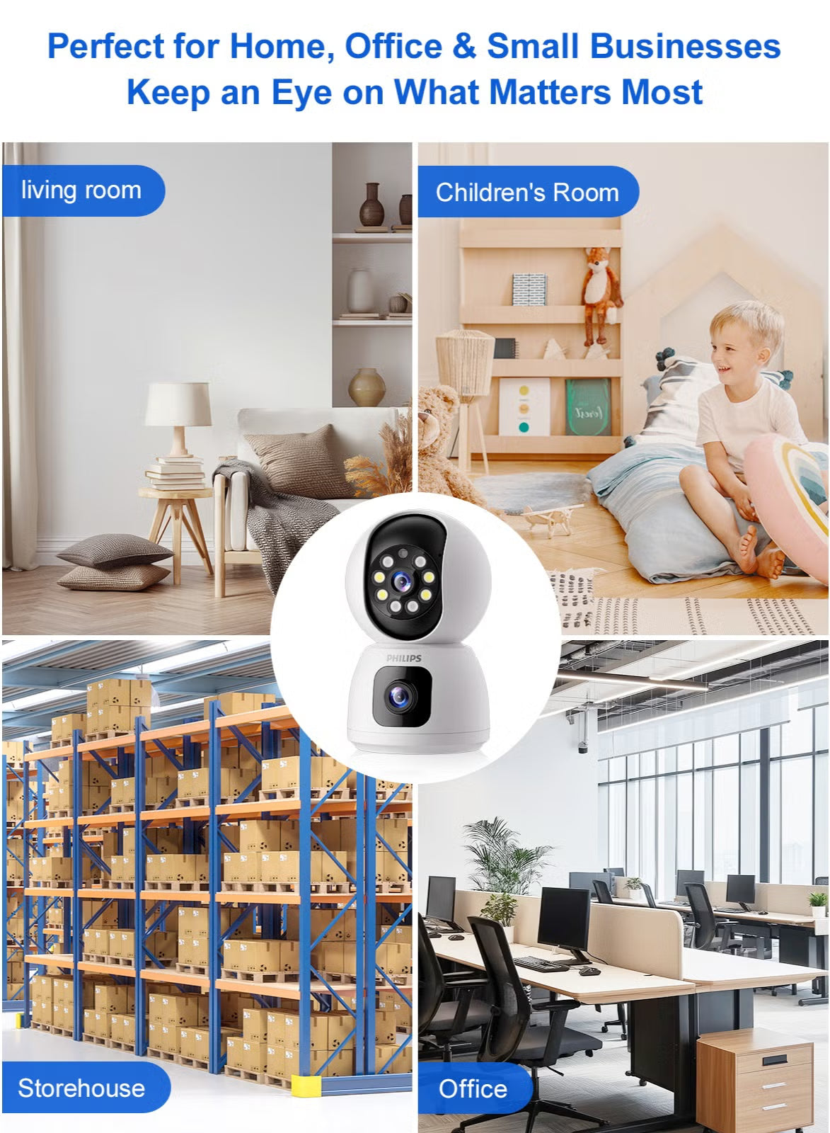 Philips 360° Dual-Lens 3000 Series WiFi Security Camera, Smart Wireless Home IP Camera, Plug-In 1080P FHD with Two-Way Audio Talk, Color Night Vision,
