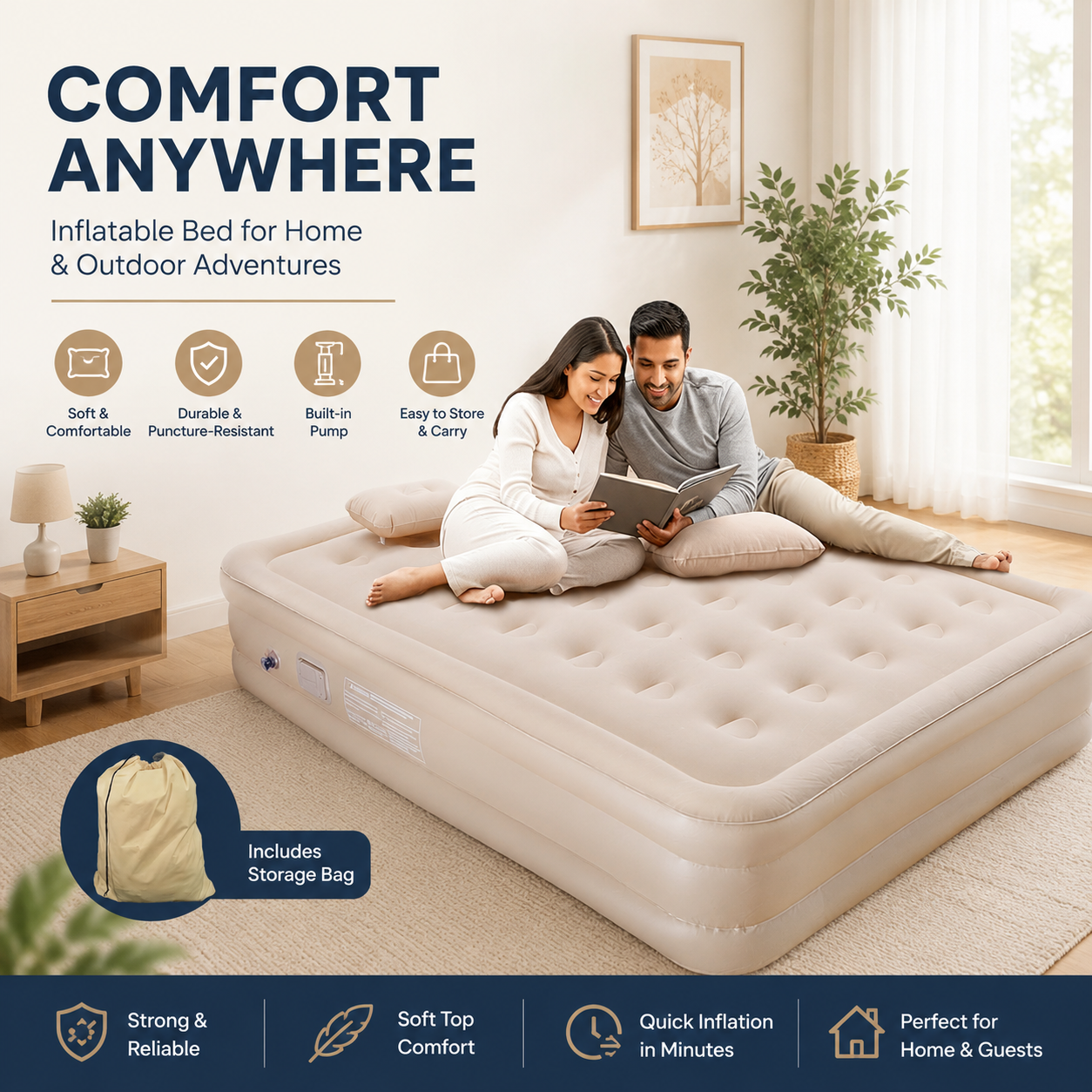 Double Size Inflatable Air Mattress With 2 Air Pillows Durable Camping Bed with Built in Rechargeable Air Pump Self Inflation One Button Inflate and Deflate for Home, Outdoor 200x40x150cm