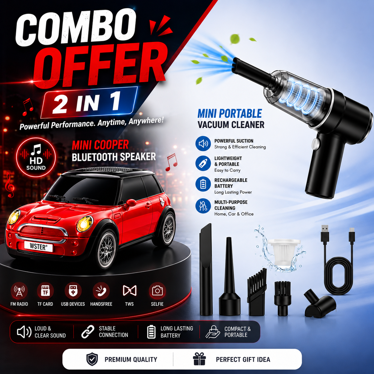 Mini Cooper Bluetooth Speaker + Mini Portable Vacuum Cleaner 2-in-1 Combo | Wireless Speaker & USB Rechargeable Car Vacuum