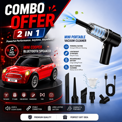 Mini Cooper Bluetooth Speaker + Mini Portable Vacuum Cleaner 2-in-1 Combo | Wireless Speaker & USB Rechargeable Car Vacuum
