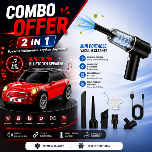 Mini Cooper Bluetooth Speaker + Mini Portable Vacuum Cleaner 2-in-1 Combo | Wireless Speaker & USB Rechargeable Car Vacuum