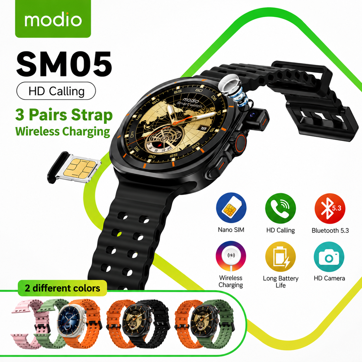 Combo Deal | Modio SM03 & SM05 Smart Watch Combo – 2 Watches with SIM Support & 6 Straps