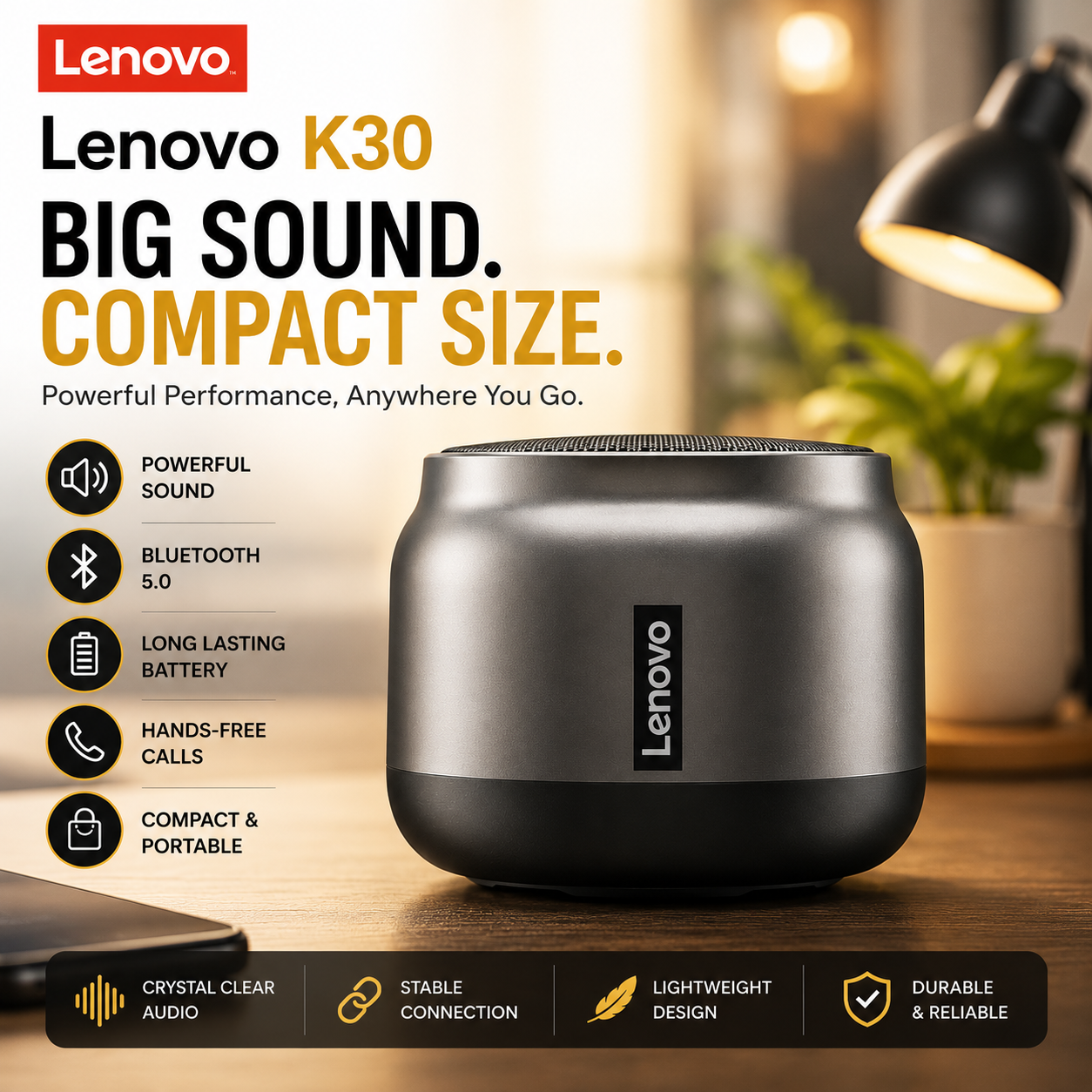 Lenovo -Thinkplus-K30-TWS-Wireless-Speaker-Bluetooth-V5.0- Power Full Bass - Mobile-PC-Laptop