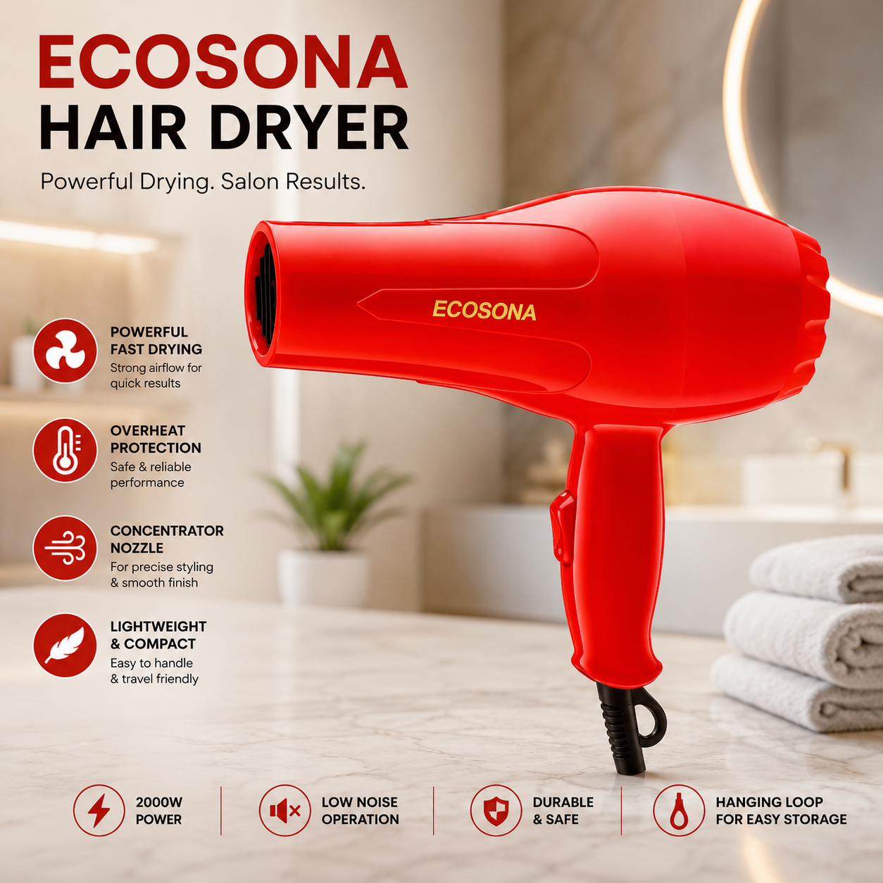 ECOSONA ES-6546 1200W Hair Dryer – Fast Drying | Lightweight | Overheat Protection