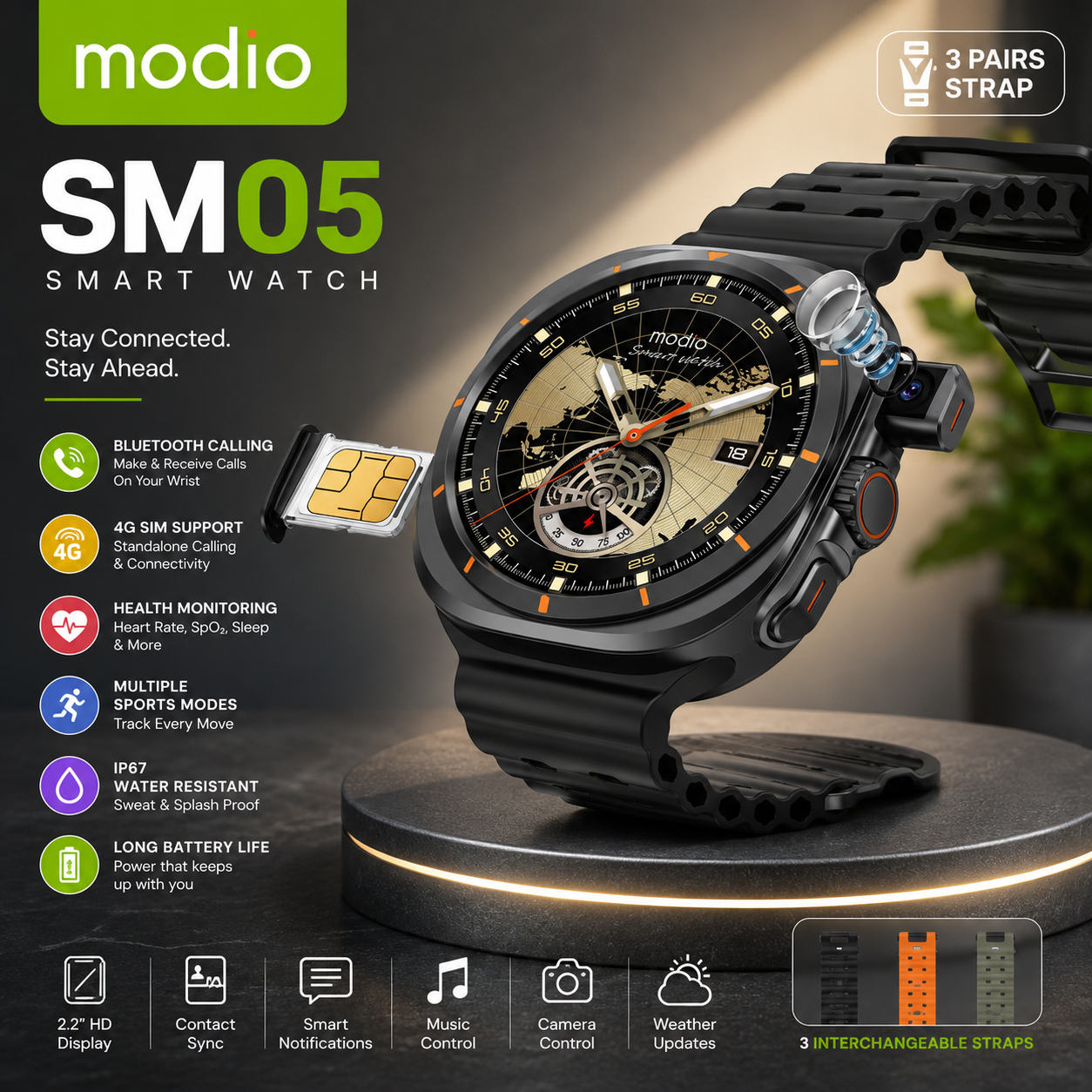 Combo Deal | Modio SM03 & SM05 Smart Watch Combo – 2 Watches with SIM Support & 6 Straps