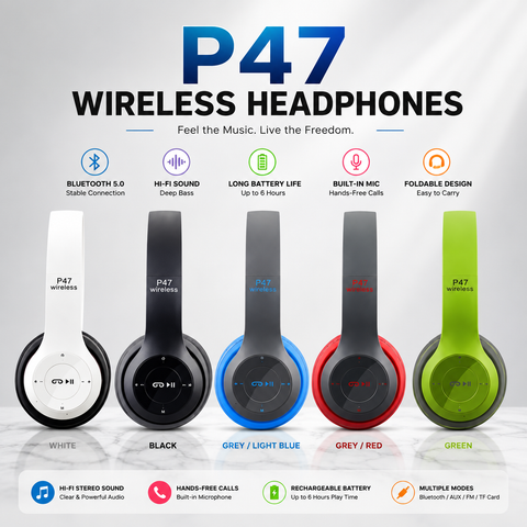 P47 Wireless Bluetooth Headphones | Foldable Stereo Headset with Built-in Microphone & Deep Bass