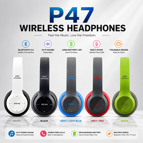 P47 Wireless Bluetooth Headphones | Foldable Stereo Headset with Built-in Microphone & Deep Bass