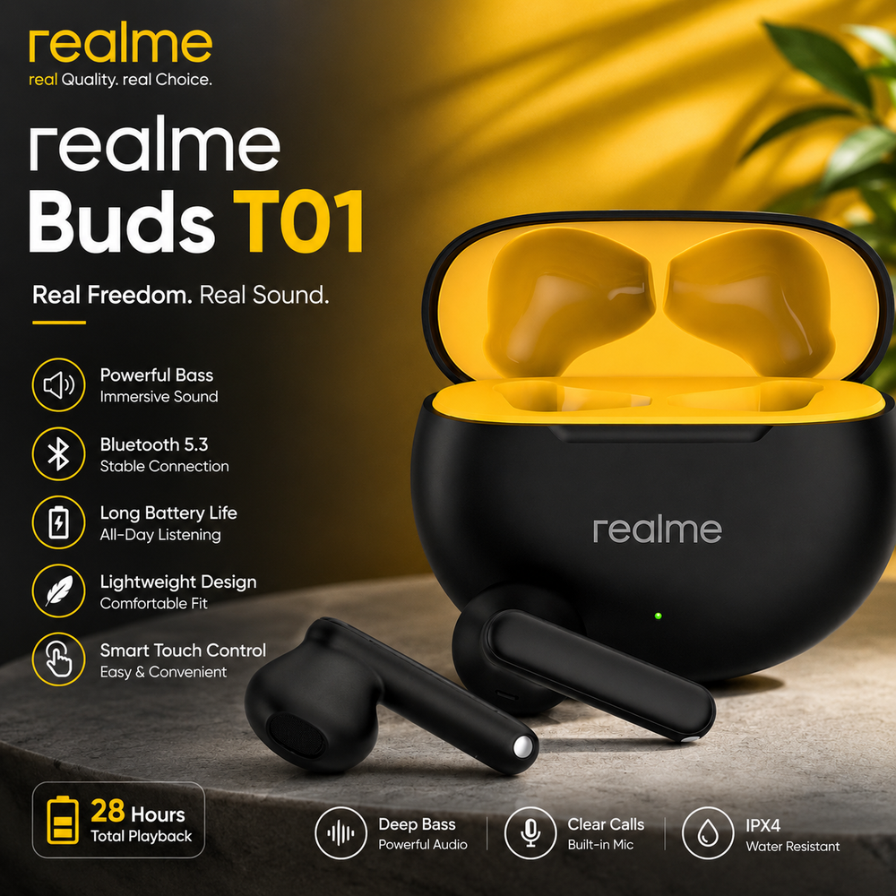 Realme Buds T01 True Wireless Earbuds | Bluetooth 5.3 | Deep Bass | AI ENC Calls