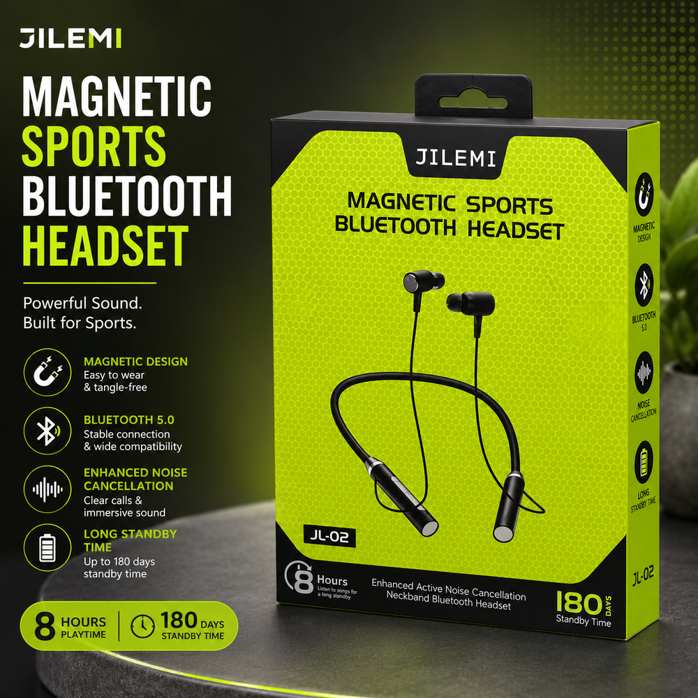 JILEMI JL-02 Magnetic Sports Bluetooth Neckband Earphones – Wireless Headset with HD Sound, Noise Reduction & Long Battery Life