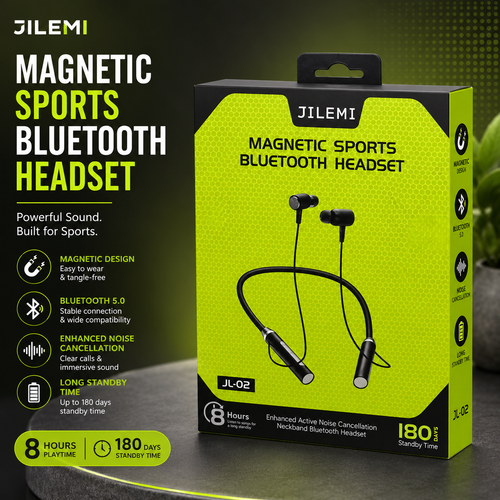 JILEMI JL-02 Magnetic Sports Bluetooth Neckband Earphones – Wireless Headset with HD Sound, Noise Reduction & Long Battery Life