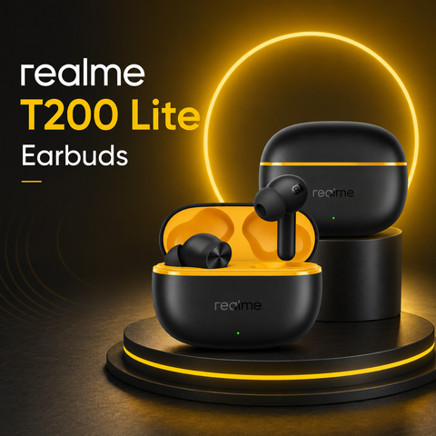 Realme T200 Lite True Wireless Bluetooth Earbuds – Deep Bass, AI ENC Calls & Long Battery Life (Black)